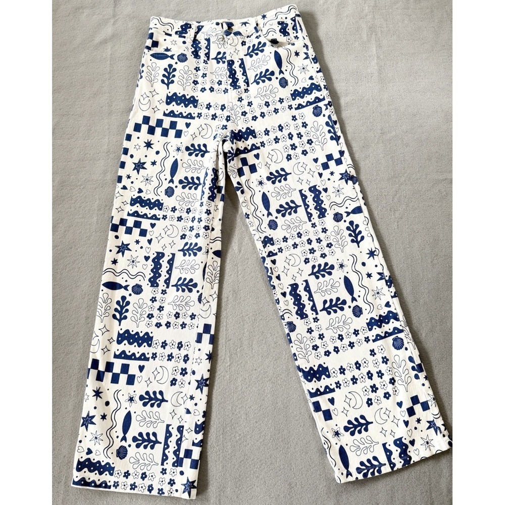 Bailey Rose Womens Wide Leg Folk Art Print Pants Regular Size M White Blue